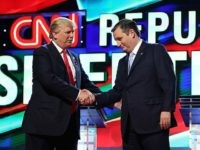 CORAL GABLES, FL - MARCH 10:  Republican presidential candidates, Donald Trump, Sen. Ted Cruz (R-TX), and Ohio Gov. John Kasich stand on stage as they arrive for the CNN, Salem Media Group, The Washington Times Republican Presidential Primary Debate on the campus of the University of Miami on March 10, 2016 in Coral Gables, Florida. The candidates continue to campaign before the March 15th Florida primary.  (Photo by Joe Raedle/Getty Images)