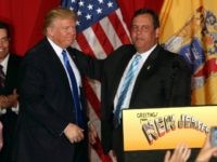 Republican presidential candidate Donald Trump stands on stage with New Jersey Governor Chris Christie at the Lawrenceville National Guard Armory in Trump's first public campaign appearance in New Jersey on May 19, 2016 in Lawrenceville, New Jersey. The appearance with New Jersey Governor Chris Christie is a $200 per head event with proceeds going towards helping Christie, a Trump ally, pay off debt from his own presidential campaign. (Photo by