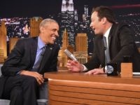 President Barack Obama speaks with Jimmy Fallon on the set of the 'The Tonight Show Starring Jimmy Fallon' on June 8, 2016 in New York City