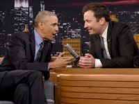President Barack Obama speaks with Jimmy Fallon on the set of the 'The Tonight Show Starring Jimmy Fallon' on June 8, 2016 in New York City. President Obama is the first sitting president to appear on the show. (Photo by