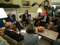 President Barack Obama and Vice President Joseph Biden meet with FBI Director James Comey (3rd R), Homeland Security Secretary Jeh Johnson (L), Director of the National Counterterrorism Center (NCTC) Nicholas Rasmussen (R), and Deputy Attorney General Sally Yates (2nd R) in the Oval Office of the White House June 13, 2016 in Washington, DC.