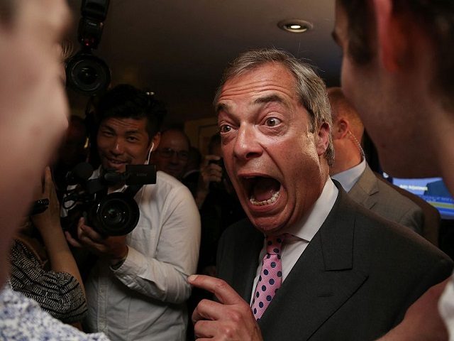 Leader of the United Kingdom Independence Party (UKIP), Nigel Farage (C) reacts at the Leave.EU referendum party at Millbank Tower in central London on June 24, 2016, as results indicate that it looks likely the UK will leave the European Union (EU).  Top anti-EU campaigner Nigel Farage said he was increasingly confident of victory in Britains EU referendum on Friday, voicing hope that the result &quot;brings down&quot; the European Union. / AFP / GEOFF CADDICK        (Photo credit should read GEOFF CADDICK/AFP/Getty Images)