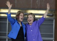 CINCINNATI, OH- JUNE 27:  Democratic Presidential candidate Hillary Clinton (R) and U.S. Sen Elizabeth Warren (D-MA) wave to the crowd before a campaign rally at the Cincinnati Museum Center at Union Terminal June 27, 2016 in Cincinnati, Ohio. Warren is helping Clinton campaign in Ohio.   (Photo by John Sommers II/Getty Images)