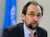 SWITZERLAND, Geneva : United Nations High Commissioner for Human Rights Zeid Ra'ad Al Hussein delivers a speech at the opening of a new Council's session on June 13, 2016 in Geneva. Registration centers for migrants arriving on the Greek islands from the Turkish coast are essentially "large areas of forced confinement", on Monday denounced the UN High Commissioner for Human Rights Zeid Ra'ad Al Hussein. / AFP PHOTO / FABRICE COFFRINI