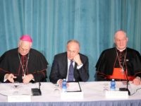 President of the United States Conference of Catholic Bishops Joseph Edward Kurtz, Supreme Knight of Knights of Culumbus Carl Anderson and Cardinal Marc Ouellet attend a conference on the canonization of Junipero Serra in light of 'Ecclesia in America' on May 2, 2015 at the Pontifical North American College in Vatican City, Vatican.
