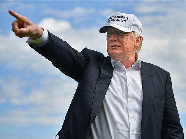 ABERDEEN, SCOTLAND - JUNE 25: Presumptive Republican nominee for US president Donald Trump visits Trump International Golf Links on June 25, 2016 in Aberdeen, Scotland. The US presidential hopeful was in Scotland for the reopening of the refurbished Open venue golf resort Trump Turnberry which has undergone an eight month refurbishment as part of an investment thought to be worth in the region of two hundred million pounds. (Photo by Jeff J Mitchell/Getty Images)