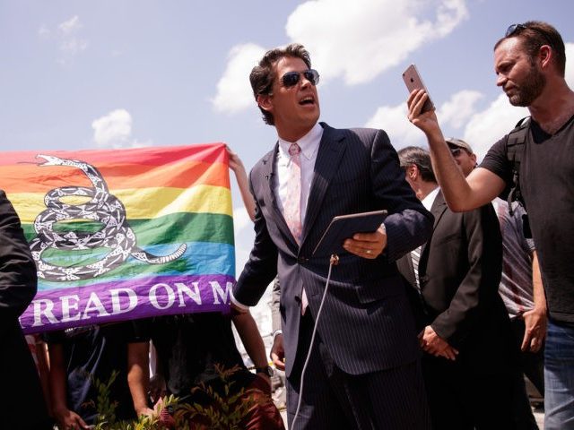 ORLANDO, FL - JUNE 15: Milo Yiannopoulos, a conservative columnist and internet personality, holds a press conference down the street from the Pulse Nightclub, June 15, 2016 in Orlando, Florida. Yiannopoulos was briefly banned from Twitter on Wednesday. The shooting at Pulse Nightclub, which killed 49 people and injured 53, is the worst mass-shooting event in American history. (Photo by Drew Angerer/Getty Images)