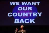 Leader of the United Kingdom Independence Party (UKIP), Nigel Farage, speaks at a public meeting of the EU Referendum campaign in Gateshead, north east England on June 20, 2016.
Divisions have surfaced among pro-Brexit campaigners after UK Independence Party leader Nigel Farage released a poster last Thursday showing immigrants trudging through Europe with a headline in red: "Breaking Point". On that same day, Cox, a 41-year-old mother of two and pro-EU, was on her way to meet members of the public in northern England when an attacker shot and stabbed her, leaving her bleeding on the pavement. She died of her wounds.
 / AFP / SCOTT HEPPELL        (Photo credit should read SCOTT HEPPELL/AFP/Getty Images)