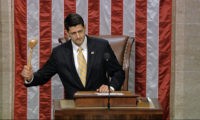 In this image from video provided by House Television, House Speaker Paul Ryan gavels the House into session Wednesday night, June 22, 2016, in Washington. Rebellious Democrats staged an extraordinary all-day sit-in on the House floor to demand votes on gun-control bills, shouting down Ryan when he attempted to restore order as their protest stretched into the night. The sit-in was well into its 10th hour, with Democrats camped out on the floor stopping legislative business in the House, when Ryan stepped to the podium to gavel the House into session and hold votes on routine business. Angry Democrats chanted “No bill, no break!” and waved pieces of paper with the names of gun victims, continuing their protest in the well of the House even as the House voted on a previously scheduled and unrelated measure to overturn an Obama veto. (House Television via AP)