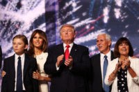 CLEVELAND, OH - JULY 21:  (L-R) Barron Trump, Melania Trump, Republican presidential candidate Donald Trump, Republican vice presidential candidate Mike Pence and Karen Pence acknowledge the crowd at the end of the the Republican National Convention on July 21, 2016 at the Quicken Loans Arena in Cleveland, Ohio. Republican presidential candidate Donald Trump received the number of votes needed to secure the party's nomination. An estimated 50,000 people are expected in Cleveland, including hundreds of protesters and members of the media. The four-day Republican National Convention kicked off on July 18.  (Photo by