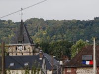 This photo taken on July 26, 2016 shows the steeple of the Saint-Etienne church of Saint-Etienne-du-Rouvray, where a priest was killed earlier today in the latest of a string of attacks against Western targets claimed by or blamed on the Islamic State jihadist group.
French President Francois Hollande said that two men who attacked a church and slit the throat of a priest had "claimed to be from Daesh", using the Arabic name for the Islamic State group. Police said they killed two hostage-takers in the attack in the Normandy town of Saint-Etienne-du-Rouvray, 125 kilometres (77 miles) north of Paris. / AFP / CHARLY TRIBALLEAU        (Photo credit should read CHARLY TRIBALLEAU/AFP/Getty Images)