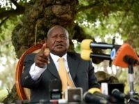 Newly re-elected president Yoweri Museveni, in power since three decades, gestures as he speaks during a press conference at his country house in Rwakitura, about 275 kilometres west of the capital Kampala on February 21, 2016.