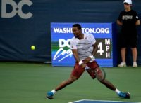 Gael Monfils of France stares down a shot during his 6-4, 6-0 win against Alexander Zverev of Germany in the semifinals of the ATP and WTA Washington Open