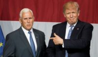 US Republican presidential candidate Donald Trump (right) and Indiana Governor Mike Pence attend a campaign rally in Westfield, on July 12, 2016