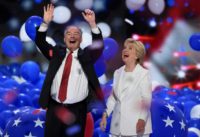 Balloons come down on Democratic presidential nominee Hillary Clinton and running mate Tim Kaine at the end of the  Democratic National Convention