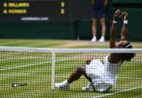 Serena Williams of the US celebrates after beating Germany's Angelique Kerber in the Wimbledon women's singles final on July 9, 2016