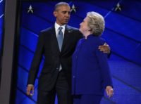 US President Barack Obama shared a warm embrace with Hillary Clinton, capping an all-star night that included appearances by Joe Biden, Tim Kaine and Michael Bloomberg