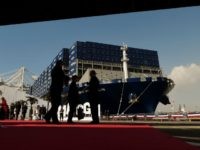The CMA CGM Benjamin Franklin container ship stands at its berth before its inauguartion ceremony at Long Beach, California on February 19, 2016. The CMA CGM Benjamin Franklin is the largest vessel ever to call at a port in the United States and is 1,300-foot long with a capacity of 18,000 containers. / AFP / Mark Ralston (Photo credit should read