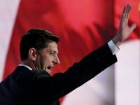0: Speaker of the House Paul Ryan waves to the crowd as he walks on stage to introduce Republican Vice Presidential Candidate Mike Pence on the third day of the Republican National Convention on July 20, 2016 at the Quicken Loans Arena in Cleveland, Ohio
