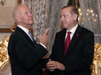 U.S. Vice President Joe Biden, left, gestures as he talks with Turkish President Recep Tayyip Erdogan, after their meeting at Yildiz Mabeyn Palace in Istanbul, Saturday, Jan. 23, 2016. (Sedat Suna, Pool Photo via AP)