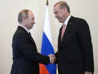 Russia, St. Petersburg : 2908086 08/09/2016 Russian President Vladimir Putin (left) meeting with Turkish President Recep Tayyip Erdogan at the Constantine palace in St. Petersburg, August 9, 2016. Aleksey Nikolskyi/Sputnik