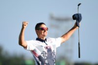 Britain's Justin Rose celebrates his victory during the Rio Olympic Games on August 14, 2016