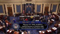 This frame grab from video provided by C-SPAN2, shows the floor of the Senate on Capitol Hill in Washington, Wednesday, Sept. 28, 2016, as the Senate acted decisively to override President Barack Obama's veto of Sept. 11 legislation, setting the stage for the contentious bill to become law despite flaws that Obama and top Pentagon officials warn could put U.S. troops and interests at risk. (C-SPAN2 via AP)