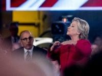 Democratic presidential candidate Hillary Clinton, accompanied by “Today” show co-anchor Matt Lauer, left, speaks at the NBC Commander-In-Chief Forum held at the Intrepid Sea, Air and Space museum aboard the decommissioned aircraft carrier Intrepid, New York, Wednesday, Sept. 7, 2016.