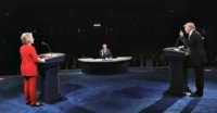 during the Presidential Debate at Hofstra University on September 26, 2016 in Hempstead, New York.  The first of four debates for the 2016 Election, three Presidential and one Vice Presidential, is moderated by NBC's Lester Holt.