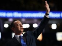 Reince Priebus, chairman of the Republican National Committee, waves to the crowd after delivering a speech during the evening session on the fourth day of the Republican National Convention on July 21, 2016 at the Quicken Loans Arena in Cleveland, Ohio.