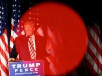 PHILADELPHIA, PA - SEPTEMBER 7:  Republican Presidential nominee Donald J. Trump is seen through the red light of a videographer's camera while delivering a speech at The Union League of Philadelphia on September 7, 2016 in Philadelphia, Pennsylvania.  Trump spoke about his plans to build up the military if elected. Recent national polls show the presidential race is tightening with two months until the election. (Photo by Mark Makela/Getty Images)