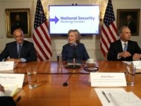 Hillary Clinton (C) meets with national security advisors during a National Security Working Session on September 9, 2016 in New York City.