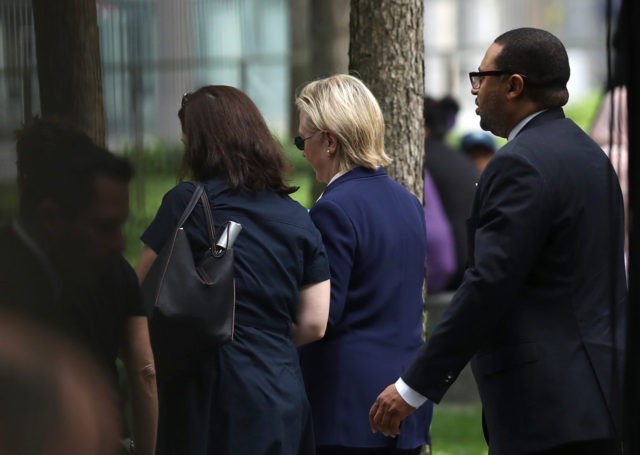 NEW YORK, NY - SEPTEMBER 11:  Democratic presidental nominee former Secretary of State Hillary Clinton leaves the September 11 Commemoration Ceremony at the National September 11 Memorial & Museum on September 11, 2016 in New York City. Hillary Clinton and Donald Trump attended the September 11 Commemoration Ceremony.  (Photo by Justin Sullivan/Getty Images)