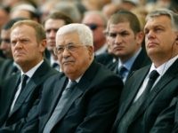 Palestinian president Mahmud Abbas (C) sits alongside European Council President Donald Tusk (L) and Romanian President Klaus Iohannis at Jerusalem's Mount Herzl national cemetery during the funeral of former Israeli president Shimon Peres on September 30, 2016. / AFP / POOL / ABIR SULTAN (Photo credit should read ABIR SULTAN/AFP/Getty Images)