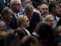 New York City Mayor Bill de Blasio speaks to US Democratic presidential nominee Hillary Clinton during a memorial service at the National 9/11 Memorial September 11, 2016 in New York. The United States on Sunday commemorated the 15th anniversary of the 9/11 attacks. / AFP / Brendan Smialowski (Photo credit should read BRENDAN SMIALOWSKI/AFP/Getty Images)