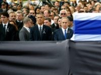 U.S. President Barack Obama and Israeli Prime Minister Benjamin Netanyahu look onduring the funeral of Shimon Peres at Mount Herzl Cemetery on September 30, 2016 in Jerusalem, Israel. World leaders and dignitaries from 70 countries attended tthe state funeral of Israel's ninth president, Shimon Peres, in Jerusalem on Friday, after thousands of Israelis paid their last respects to the elder statesman who died on Wednesday. (Photo by Abir Sultan- Pool/Getty Images)