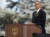 US President Barack Obama delivers a speech during the funeral of former Israeli president and Nobel Peace Prize winner Shimon Peres at Jerusalem's Mount Herzl national cemetery on September 30, 2016. World leaders including US President Barack Obama and Prince Charles were bidding farewell to Peres as his funeral began under massive security. / AFP / Thomas COEX (Photo credit should read THOMAS COEX/AFP/Getty Images)