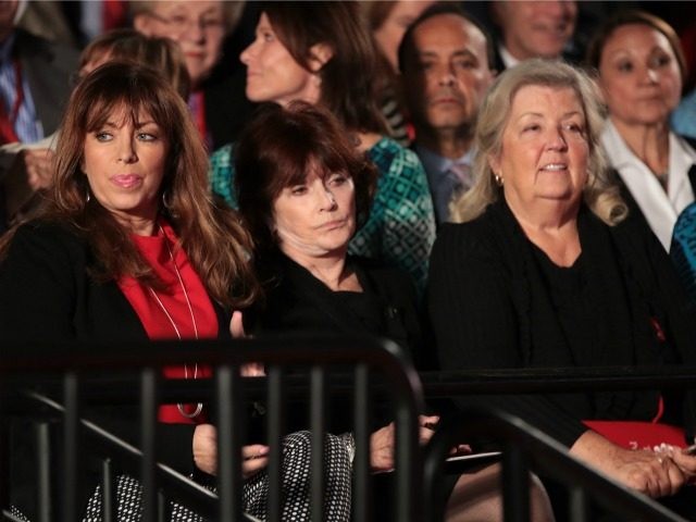 Paula Jones, Kathleen Willey and Juanita Broaddrick watch the town hall debate at Washington University on October 9, 2016 in St Louis, Missouri. This is the second of three presidential debates scheduled prior to the November 8th election. (Photo by )