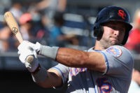 PEORIA, AZ - OCTOBER 13:  Tim Tebow #15 (New York Mets) of the Scottsdale Scorpions warms up on deck during the Arizona Fall League game against the Peoria Javelinas at Peoria Stadium on October 13, 2016 in Peoria, Arizona.  (Photo by Christian Petersen/Getty Images)