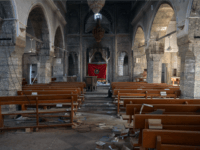 A church that was partially destoyed by Islamic State is pictured during the offensive to recapture the city of Mosul from Islamic State militants, on October 23, 2016 in Bartella, Iraq. Despite stiff opposition, Iraqi and Kurdish forces have continued advancing towards Iraq's second largest city of Mosul and are now within 5 miles of the city where ISIS fighters have spent months building elaborate defences in anticipation of the offensive. (Photo by Carl Court/Getty Images)