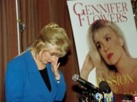 Gennifer Flowers, who claims to have carried on a 12-year relationship with US President Bill CLinton, reacts to a question of whether she still loves Bill Clinton during a press conference on April 24, 1995, where she promoted her autobioraphy 'Passion and Betrayal'. The book chronicles her life and her relationship with Clinton. / AFP / Mike NELSON (Photo credit should read MIKE NELSON/AFP/Getty Images)