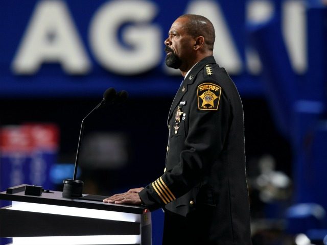 Sheriff David Clarke addresses delegates during the evening session of the Republican National Convention at the Quicken Loans arena in Cleveland, Ohio on July 18, 2016.