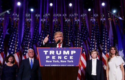 NEW YORK, NY - NOVEMBER 09: Republican president-elect Donald Trump delivers his acceptance speech during his election night event at the New York Hilton Midtown in the early morning hours of November 9, 2016 in New York City. Donald Trump defeated Democratic presidential nominee Hillary Clinton to become the 45th president of the United States. (Photo by Chip Somodevilla/Getty Images)