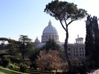 VATICAN CITY, VATICAN - FEBRUARY 19:  A view of St. Peter's Basilica from the Vatican Gardens on February 19, 2013 in Vatican City, Vatican. When Pope Benedict XVI steps down on February 28, 2013 after almost eight years serving as the 265th Pope, it is reported that he will live in the Vatican Gardens.  (Photo by Franco Origlia/Getty Images)