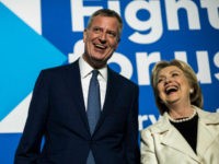 BROOKLYN, NY - Former Secretary of State Hillary Clinton speaks to supporters at an after party, accompanied by New York City Mayor Bill de Blasio, after the CNN Democratic Presidential Primary Debate at the Brooklyn Navy Yard in Brooklyn, New York on Thursday April 14, 2016. (Photo by Melina Mara/The Washington Post via Getty Images)