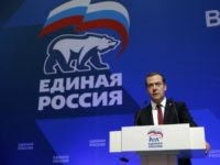Russia's Prime Minister and Chairman of the United Russia Party Dmitry Medvedev speaks at the joint meeting of the party's supreme and general council in Moscow on September 24, 2016. / AFP / SPUTNIK / Dmitry Astakhov (Photo credit should read DMITRY ASTAKHOV/AFP/Getty Images)