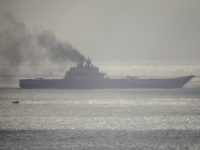 DOVER, ENGLAND - OCTOBER 21: The Russian aircraft carrier Admiral Kuznetsov passes through the English channel on October 21, 2016 near Dover, England. The Russian Navy's flotilla of warships is presumed to be heading to the eastern Mediterranean to support the Russian military's current deployment in Syria. (Photo by Leon Neal/Getty Images)