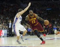 LeBron James of the Cleveland Cavaliers drives to the basket against T.J. McConnell #1 of the Philadelphia 76ers in the fourth quarter at Wells Fargo Center on November 27, 2016 in Philadelphia, Pennsylvania