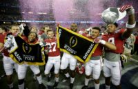 Players from the Alabama Crimson Tide celebreate after beating the Washington Huskies 24 to 7 during the 2016 Chick-fil-A Peach Bowl at the Georgia Dome on December 31, 2016 in Atlanta, Georgia