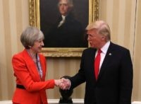 British Prime Minister Theresa May and U.S. President Donald Trump in The Oval Office at The White House on January 27, 2017 in Washington, DC. British Prime Minister Theresa May is on a two-day visit to the United States and will be the first world leader to meet with President Donald Trump.
